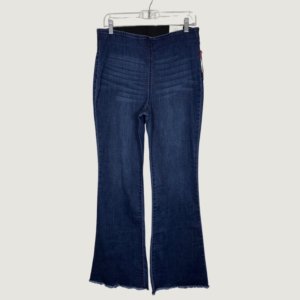 Knox Rose Womens 10 High Rise Pull On Flare Jean Blue Dark Wash Raw Hem NWT Boho